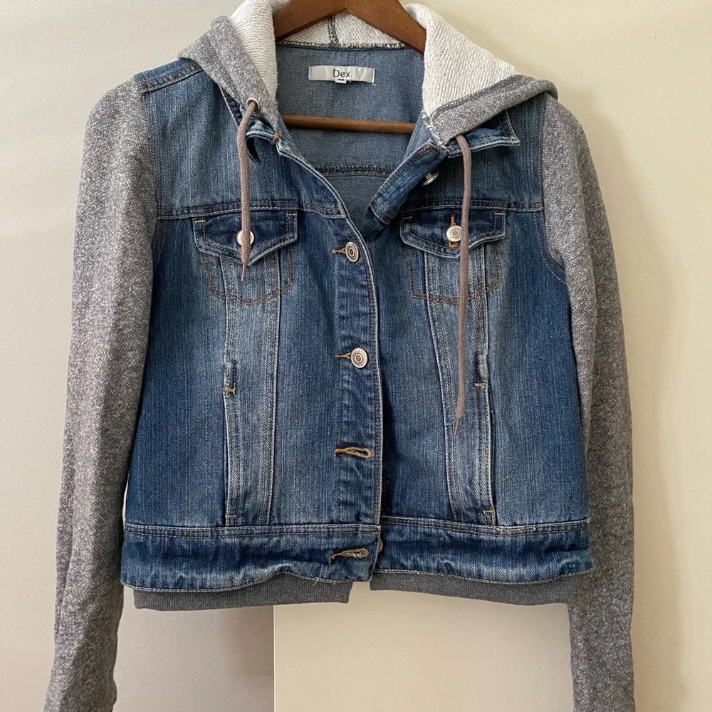 Dex Blue Denim Jacket with Gray Sleeves and Hoodie - Picture 1 of 6